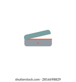 This is a vector illustration of an open hair straightener, featuring gray and teal colored plates. The image has a white background and displays a simplified, geometric representation of the device.