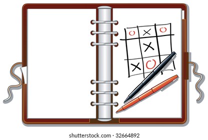 This vector illustration is an organizer open. On a blank page is a game designed "tris" and are placed alongside two markers