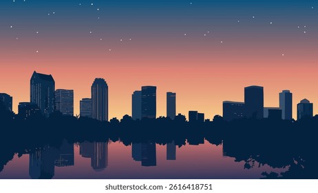 This vector illustration of the Orlando skyline at dusk captures the enchanting glow of the city as night falls.