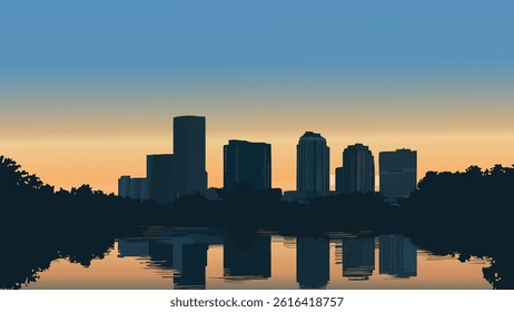 This vector illustration of the Orlando skyline at dusk captures the enchanting glow of the city as night falls.