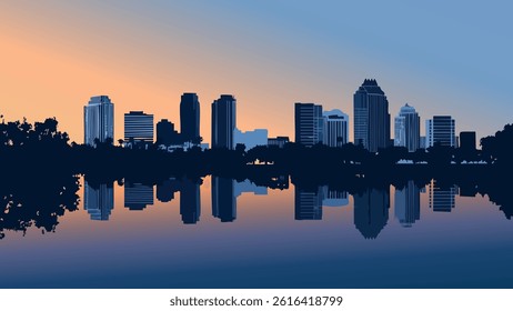This vector illustration of the Orlando skyline at dusk captures the enchanting glow of the city as night falls.