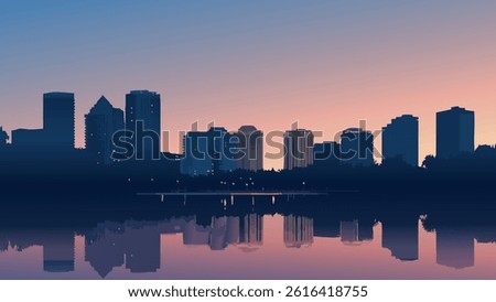This vector illustration of the Orlando skyline at dusk captures the enchanting glow of the city as night falls.
