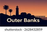 This vector illustration of the Outer Banks showcases the peaceful coastline with its golden sands, ocean views, and vast dunes stretching along the shore