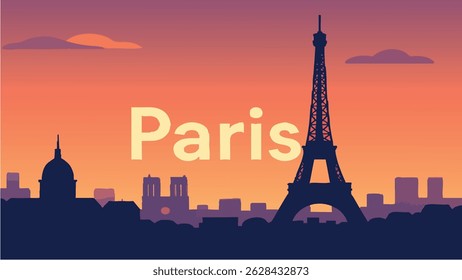 This vector illustration of Paris captures the iconic Eiffel Tower and the Seine River bathed in the golden light of sunset.