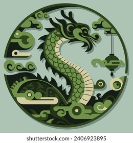 This vector illustration, perfect for the year 2024, showcases a majestic green dragon elegantly coiled within a circular frame.