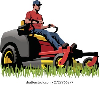 Esta es una Ilustración vectorial de una persona que opera una cortadora de césped de giro cero. La segadora es altamente maniobrable, capaz de girar en su lugar y diseñada para cortar césped de manera eficiente en propiedades Grandes o áreas de jardinería comercial. Cuenta con Grandes ruedas traseras para la tracción, ruedas giratorias delanteras para facilitar el giro, y mecanismos de seguridad incorporados que detienen las cuchillas cuando el operador deja el asiento.