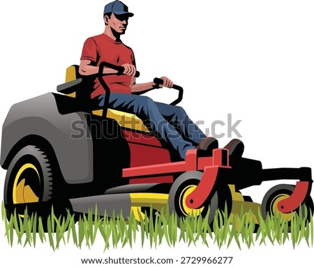 This is a vector illustration of a person operating a zero-turn riding lawn mower. The mower is highly maneuverable, capable of turning in place, and designed for efficient grass cutting on large properties or commercial landscaping areas. It features large rear wheels for traction, front caster wheels for easy turning, and built-in safety mechanisms that stop the blades when the operator leaves the seat.