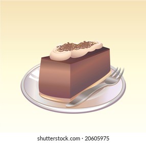 This is a vector illustration of a piece of Chocolate pie on a plate with a fork.