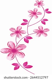 This is a vector illustration of pink flowers with gradient shades from light to deep pink, adorned with matching pink leaves along gracefully curved branches. It conveys a fresh, sweet, and romantic