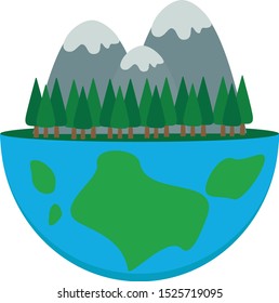 This is vector illustration planet and trees, mountains. Could be used for earth day, save the forest. For postcards, banners background, holidays decorations, etc.