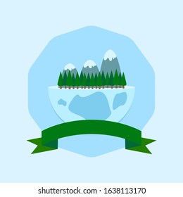 This is vector illustration planet and trees, mountains. Could be used for earth day, Mother Earth day, save the forest. For postcards, banners background, holidays decorations, etc.