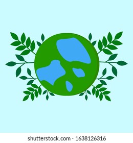 This is vector illustration planet and trees, leaves. Could be used for earth day, Mother Earth day, save the forest. For postcards, banners background, holidays decorations, etc.