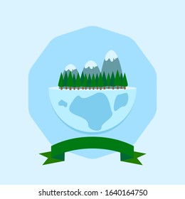 This is vector illustration planet and trees, mountains. Could be used for earth day, Mother Earth day, save the forest. For postcards, banners background, holidays decorations, etc.