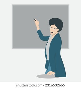 This vector illustration portrays a dedicated teacher in action, pointing to a blackboard with enthusiasm and knowledge