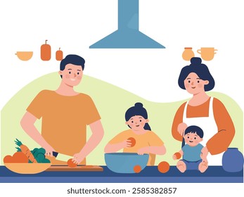 This vector illustration portrays a happy family cooking together in a warm and inviting kitchen. The father is chopping vegetables, the mother is holding a baby while preparing ingredients, and their