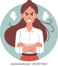 This vector illustration portrays a woman who is visibly angry. She stands with her arms crossed tightly across her chest, her face is flushed with frustration, and her eyebrows are furrowed.