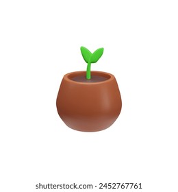 This vector illustration presents a 3D icon of a young green plant sprouting in a terracotta pot, symbolizing new beginnings and growth.