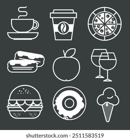 This vector illustration presents a collection of simple yet stylish food and drink icons in a monochrome, minimalist design.