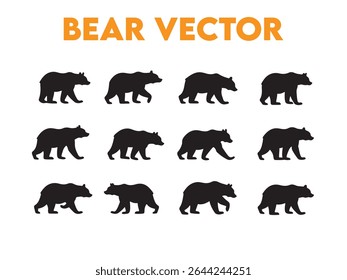 This vector illustration presents a collection of stylized black bear silhouettes walking against a clean white background.