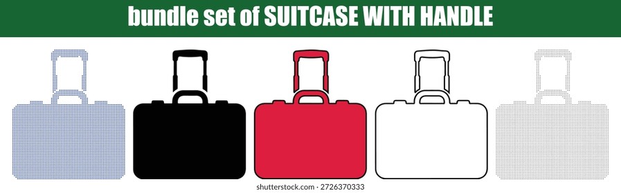 This vector illustration presents a collection of five distinct suitcase designs each equipped with an extendable handle displayed prominently against a clean white background