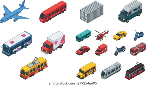 This vector illustration presents a diverse collection of isometric transportation vehicles including airplanes, trains, buses, trucks, cars, motorcycles, and helicopters. Ideal for use in logistics, travel infographics, transportation planning, and educational or industrial design projects.