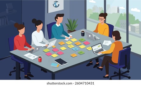 This vector illustration presents an isometric view of a team brainstorming session, showing colleagues collaborating and generating ideas around a table covered with sticky notes. 