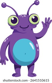 This vector illustration presents a purple alien with big green eyes and a blue belly waving its hand happily, creating a playful and friendly atmosphere. Cheerful mood.