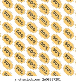 This vector illustration presents a seamless, repeating pattern of discount tags, each prominently displaying 50%. The design features a modern flat style with a vibrant yellow and light gray color .
