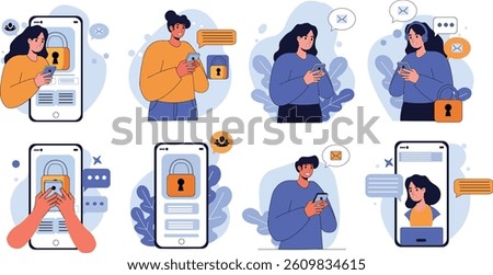 This vector illustration presents various scenes highlighting mobile phone privacy and security. It showcases different scenarios related to protecting personal data and ensuring secure communication