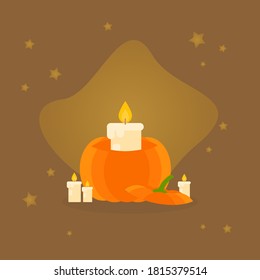 Esta es una ilustración vectorial de la calabaza y la vela sobre un fondo marrón. Estilo plano. Se podría usar para volantes, postales, banners, vacaciones, etc.