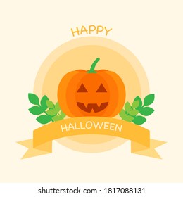 This is a vector illustration of pumpkin and candle on a light background. Flat style. Could be used for flyers, postcards, banners, holidays, etc.