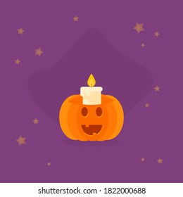This is a vector illustration of pumpkin and candle on a purple background. Flat style. Could be used for flyers, postcards, banners, holidays, etc.