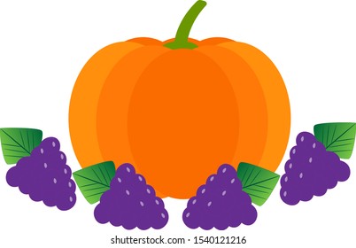 This is vector illustration of pumpkin and grapes. Flat style. Could be used for flyers, postcards, banners,holidays decorations, etc.