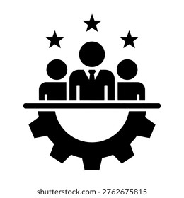 This vector illustration represents business teamwork, leadership, and quality management. It combines icons of people, stars for excellence, and a gear for process.