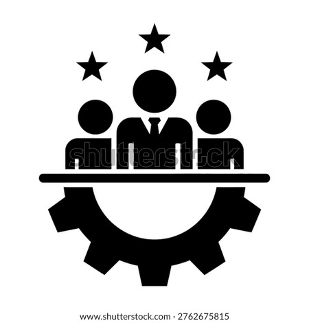 This vector illustration represents business teamwork, leadership, and quality management. It combines icons of people, stars for excellence, and a gear for process.