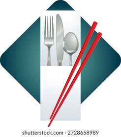 Esta Ilustración vectorial representa una fusión de culturas gastronómicas globales al combinar cubiertos occidentales, tenedor, cuchillo y cuchara, con palillos tradicionales del este de Asia. El diseño simboliza la cocina multicultural, la versatilidad en los estilos de comida y es ideal para logotipos de restaurantes, marcas de comida, menús o gráficos de temática culinaria.