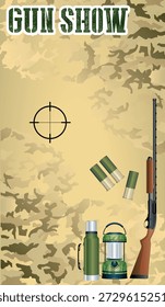 This vector illustration represents a gun show, where licensed dealers and private individuals gather to display, sell, and trade firearms, ammunition, knives, and outdoor gear. The event highlights shopping, safety, legal compliance, education, and community for firearm enthusiasts, collectors, and hobbyists.