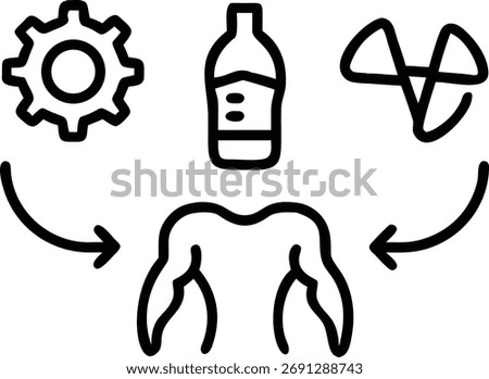 This vector illustration represents the muscle building process, featuring a gear, a bottle, and a dumbbell. It symbolizes fitness, exercise, and healthy habits.