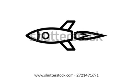 This is a vector illustration of a rocket ship icon. The design is minimalist and features a rocket ship with a flame coming out of the back. The rocket ship is in black and white. It would be great
