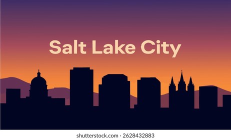 This vector illustration of Salt Lake City captures the iconic Wasatch Mountains towering over the city skyline at sunset.
