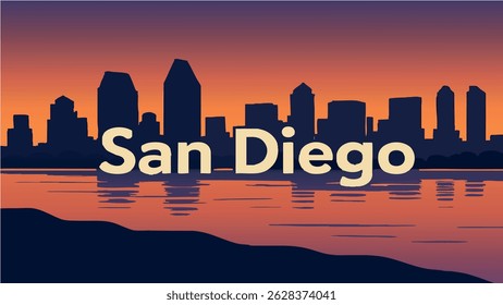This vector illustration of San Diego captures the vibrant city skyline against the backdrop of the coastal beach, showcasing the beautiful blend of sunny weather