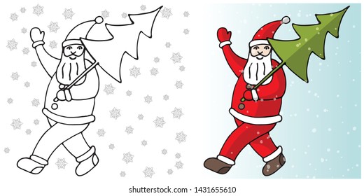 This is a vector illustration of a Santa Claus with a Christmas tree isolated on a white and blue gradient background with snowflakes in a doodle style.