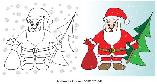 This is a vector illustration of a Santa Claus with a Christmas tree on a white isolated and blue gradient background with snowflakes in a doodle style.