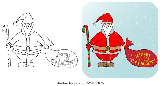 This is a vector illustration of a Santa Claus and his christmas sack with a Merry Christmas greeting on a white isolated and blue gradient background with snowflakes in a doodle and cartoon style.