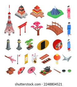 This vector illustration set contains a variety of Japanese elements in a white background with isometric style.