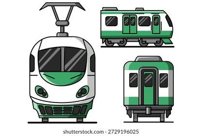 Dieses Vektorgrafik-Set zeigt verschiedene Perspektiven eines modernen, grün-weißen, elektrischen öffentlichen Verkehrsmittels, einschließlich Front-, Seiten- und Rückansicht, einzeln auf einem sauberen, weißen Hintergrund, der sich für das Verkehrsdesign und die Benutzeroberfläche eignet.