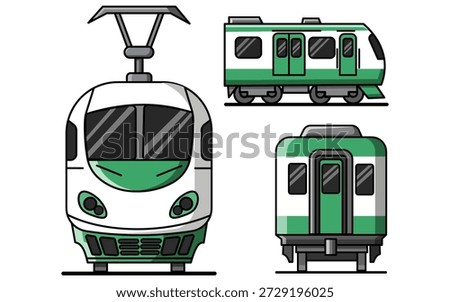 This vector illustration set displays various perspectives of a modern green and white electric public transport vehicle, including frontal, side, and rear views, isolated on a clean white background suitable for transportation design and user interface graphics.