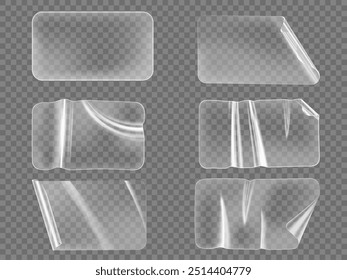 This vector illustration set features transparent plastic stickers with a holographic wave effect. The design displays flexible textures and a modern look, ideal for decor or craft applications.