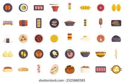 Este conjunto de ilustrações vetoriais apresenta uma variedade de pratos populares da cozinha asiática, mostrando os diversos sabores dessas ricas tradições culinárias