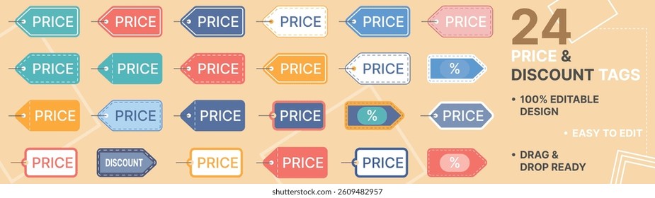 This vector illustration set features 24 diverse price and discount tags, each with unique shapes and designs. The collection includes tags in various forms, such as arrow shapes, rounded rectangles.